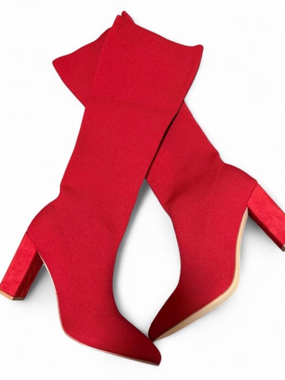 Red Stretch-Knit Block Heel Sock Boots - Women